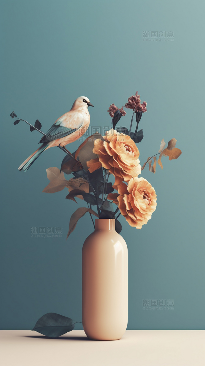 简约莫兰迪色系花瓶和小鸟壁纸背景