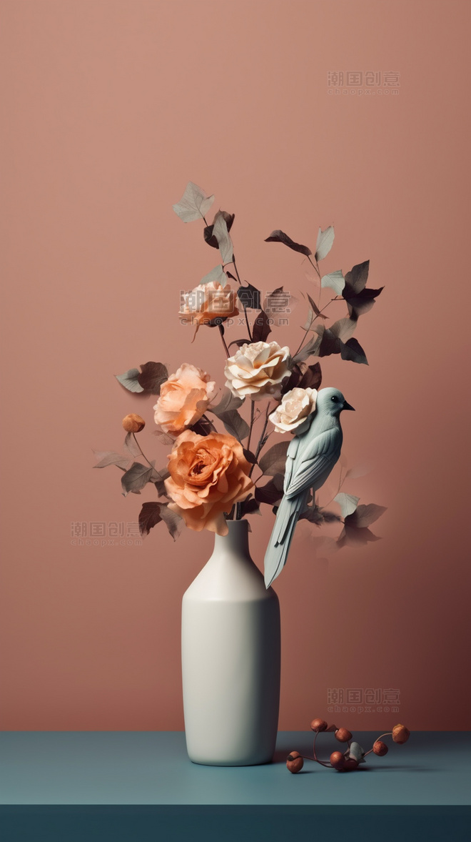 简约壁纸莫兰迪色系花瓶和小鸟背景