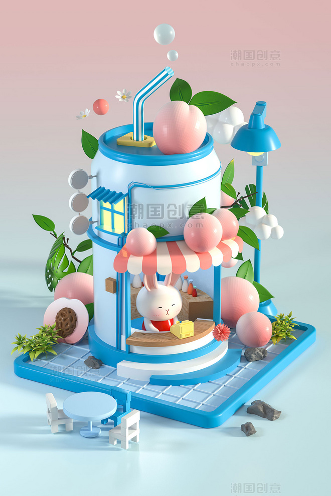 3D立体卡通夏日桃子饮品餐饮店铺场景