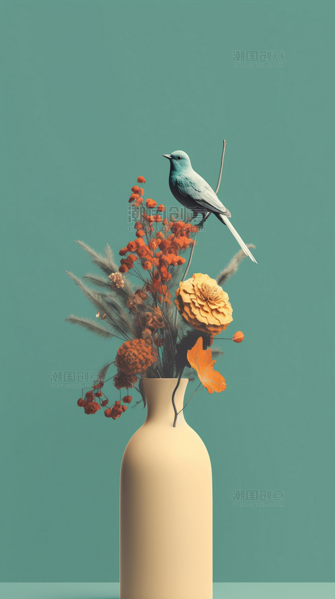 简约莫兰迪色系花瓶壁和小鸟背景