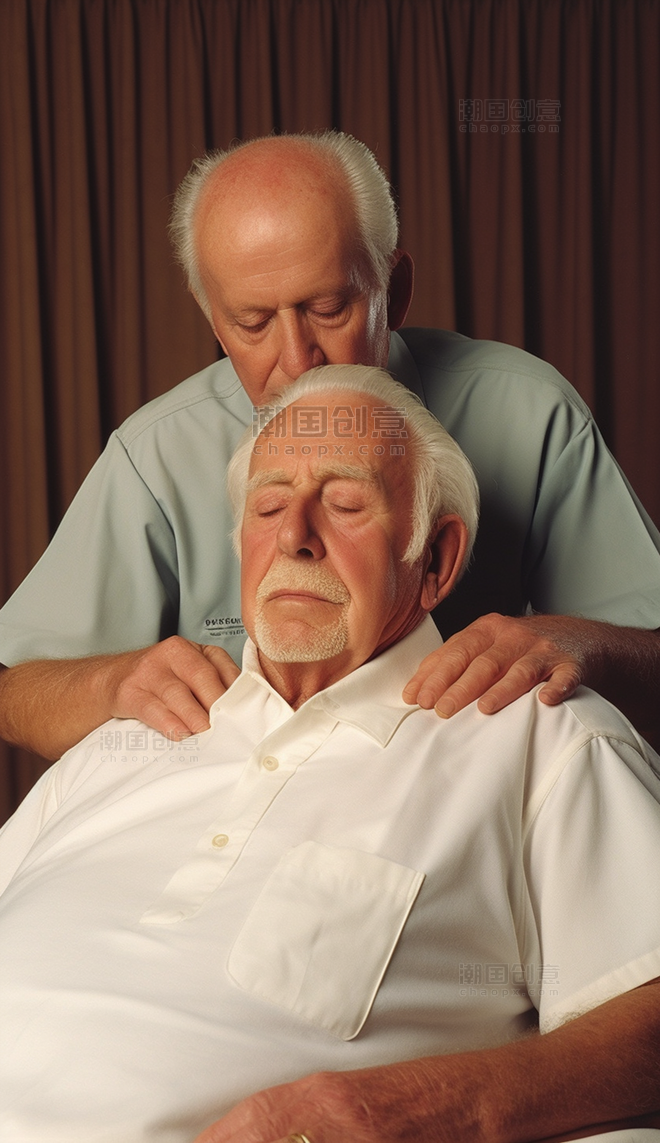 老人男性肩膀按摩养老院肩颈