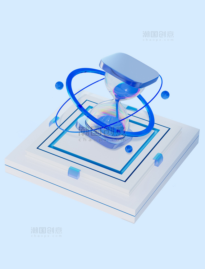 蓝色3D透明玻璃科技图标B端高级元素时间沙漏