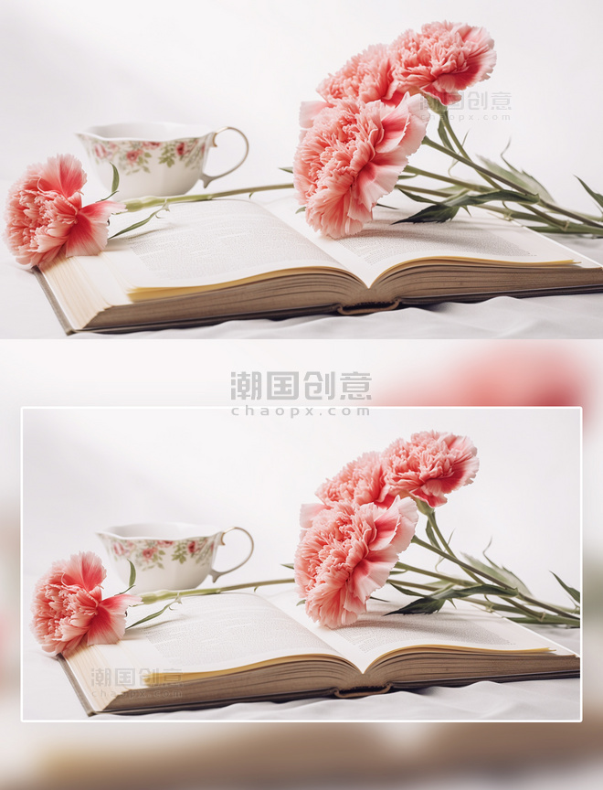 书本康乃馨花朵花卉茶具摄影
