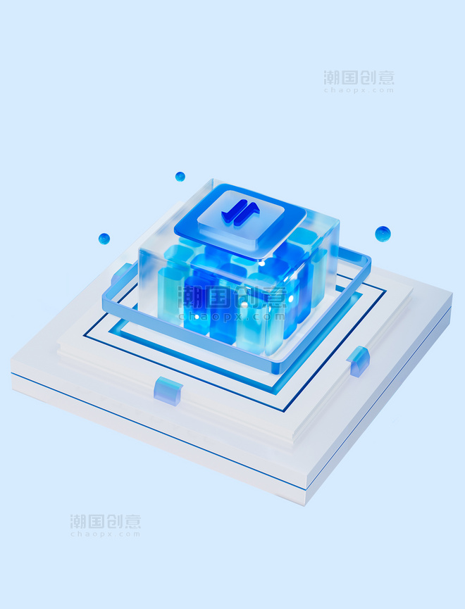 蓝色3D透明玻璃科技图标B端高级元素数据传输运算
