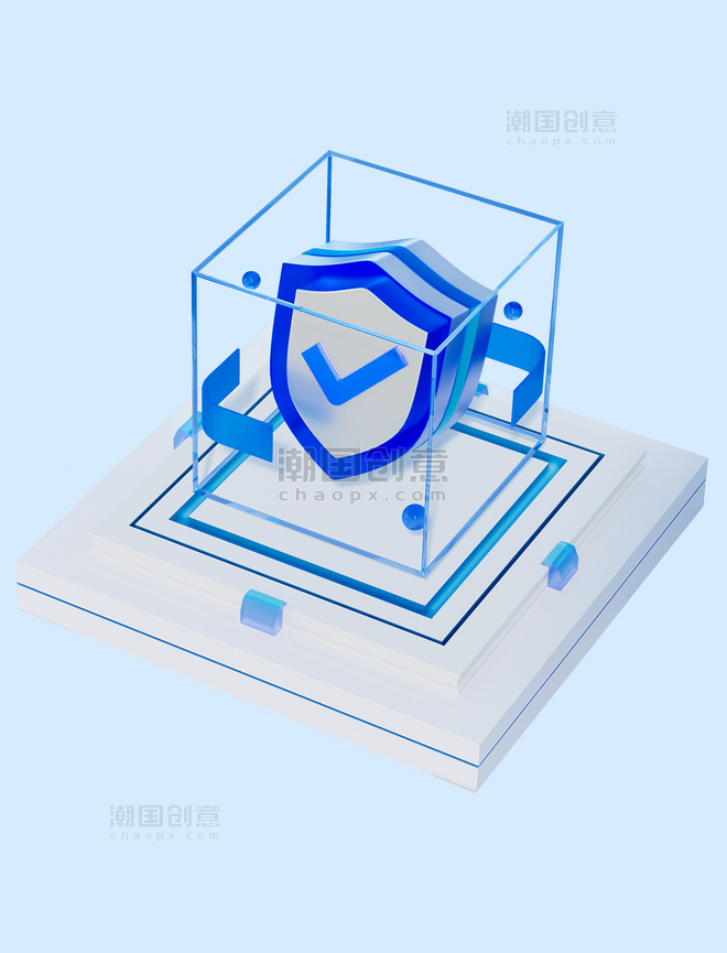 蓝色3D透明玻璃科技图标B端高级元素安全可靠