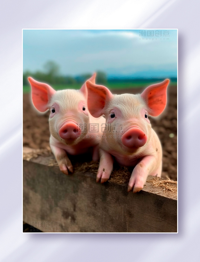 两头可爱的小猪趴在农场的木板围栏上看着远方摄影图家禽动物畜牧业