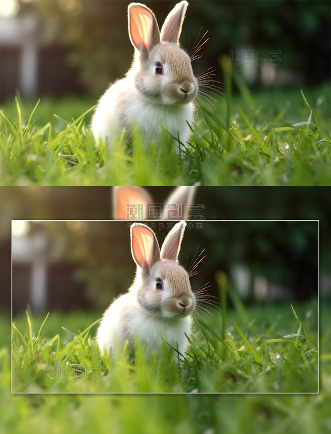 草坪中家禽竖起耳朵的小兔子