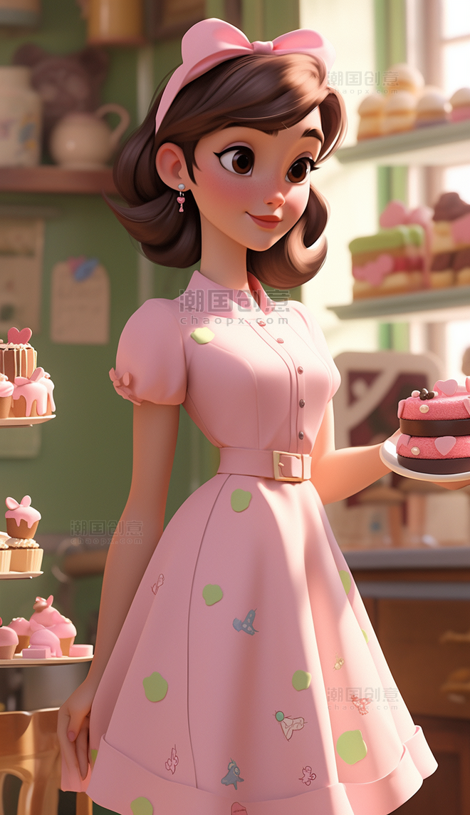 粉色碎花裙蛋糕午后甜点公主卡通IP人物美女