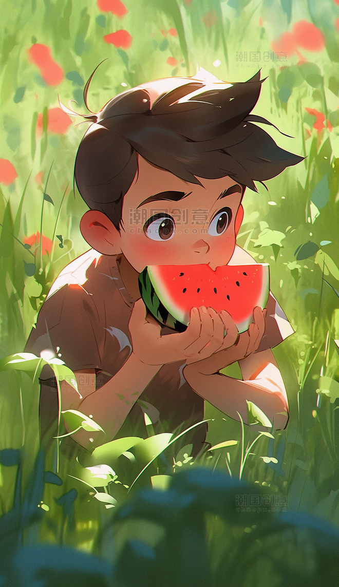 卡通可爱小男孩吃西瓜夏天夏季
