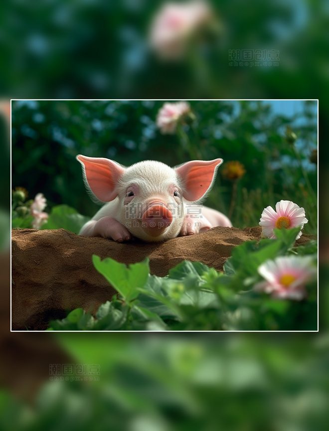 一头趴在农场土地上的可爱小猪鲜花绿叶摄影图家禽