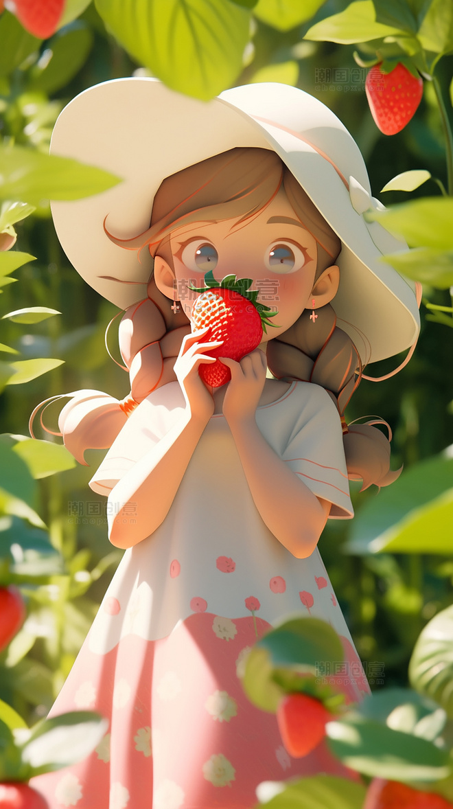 夏日立夏夏天粉色草莓女孩皮克斯潮流小孩凉爽清爽手里拿着一个草莓