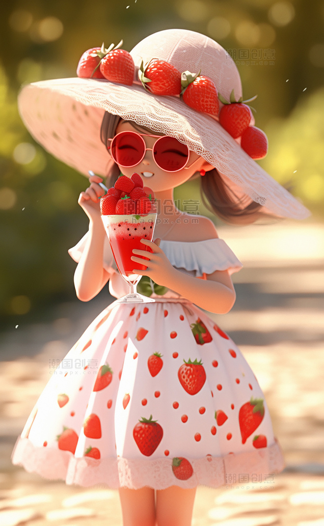 夏天夏日大暑小暑立夏凉爽清爽粉色草莓女孩皮克斯潮流小孩手里拿着一个草莓