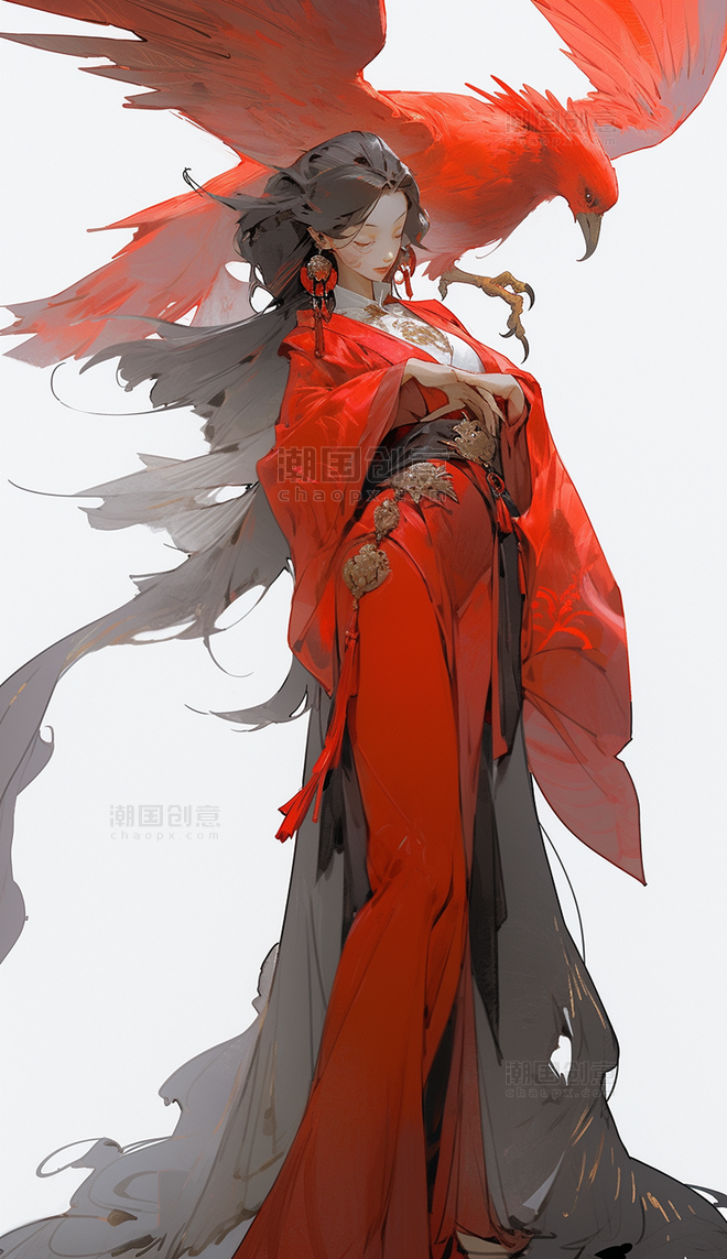 红衣女子朱雀四神兽水墨色彩中国风