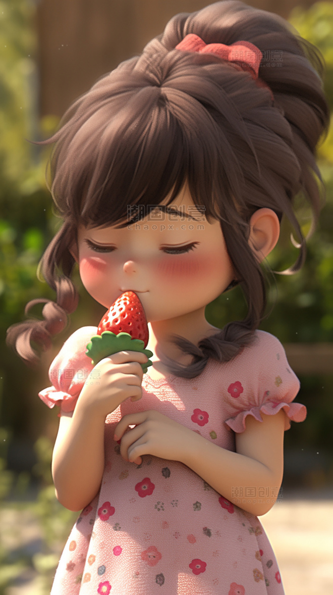3d夏天粉色草莓女孩皮克斯潮流popmart盲盒夏日立夏大暑小暑小孩凉爽清爽手里拿着一个草莓粘土材料