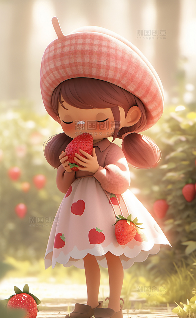 夏日立夏夏天粉色草莓女孩皮克斯潮流大暑小暑小孩凉爽清爽手里拿着一个草莓