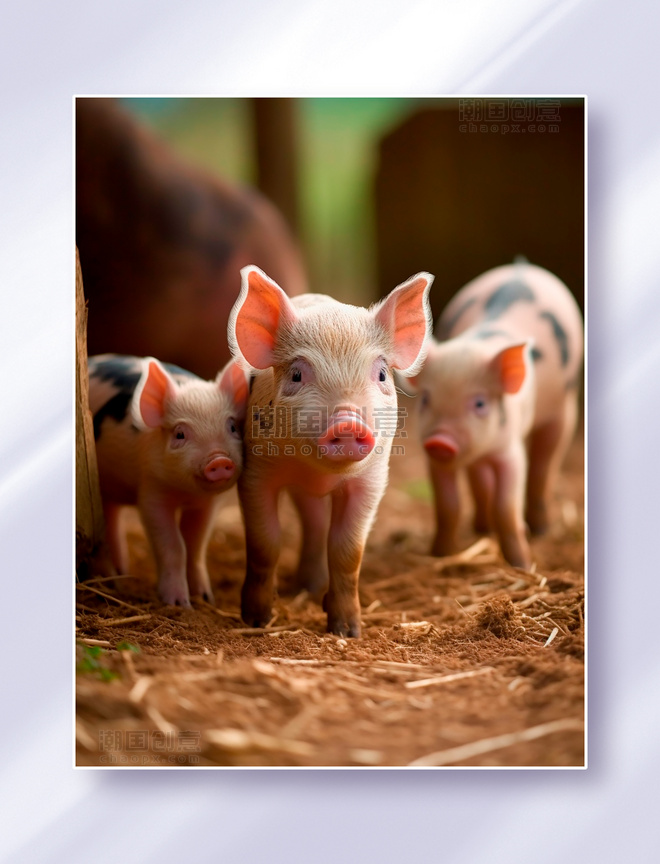 三只可爱的花瓣小猪在农场的沙土地上家禽动物摄影畜牧业