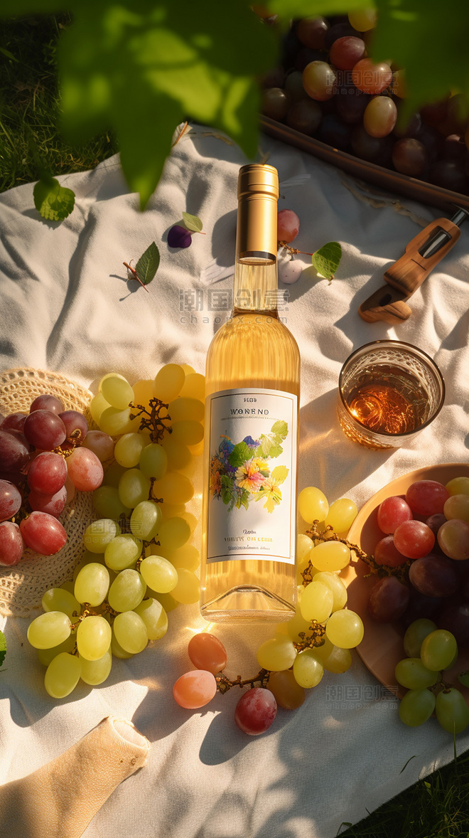 冷冻饮料产品摄影野餐鲜艳的颜色葡萄阳光普照的夏天公园草坪上摆放的白葡萄酒