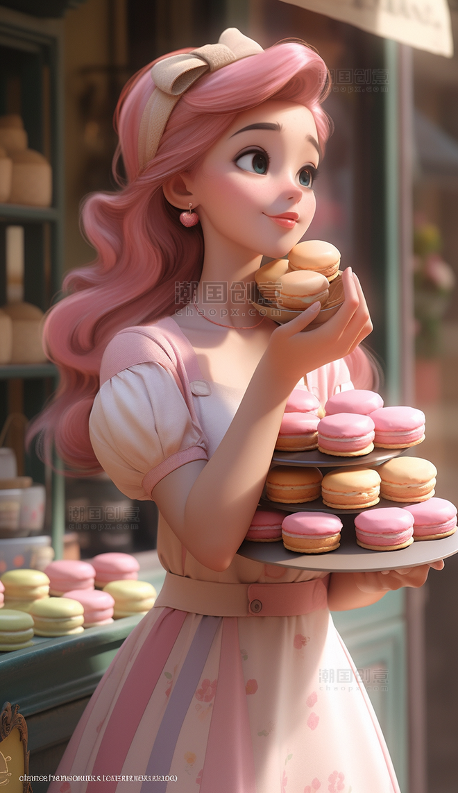 盘子粉色裙子头发蛋糕午后甜点公主卡通马卡龙IP人物美女