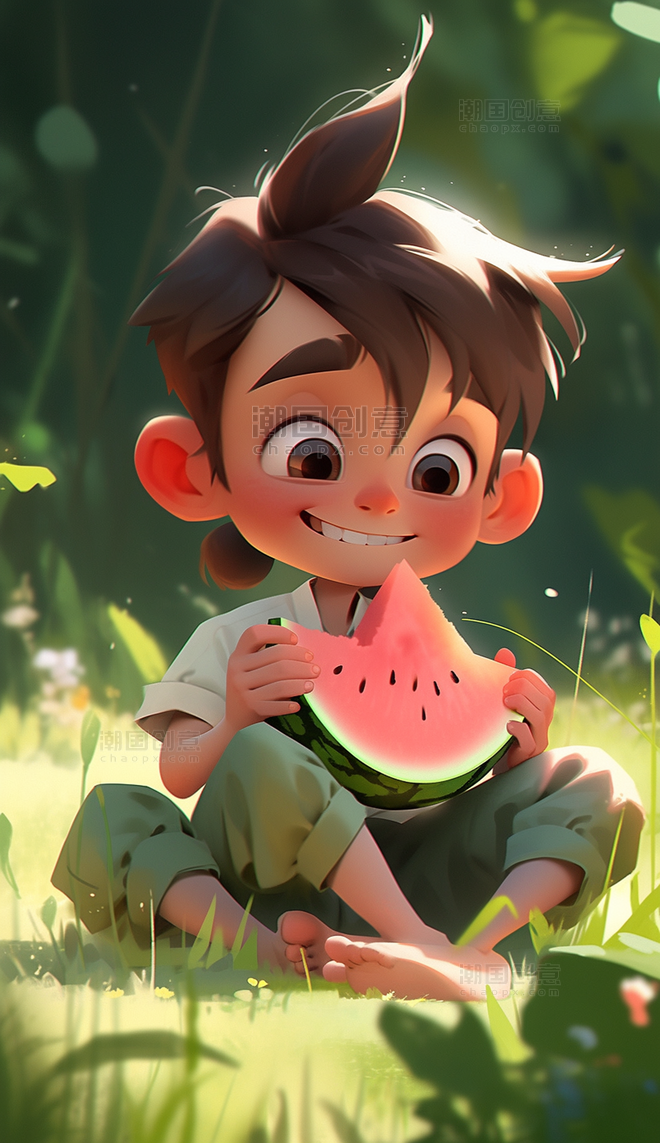 开心风格卡通小男孩吃西瓜夏天夏季