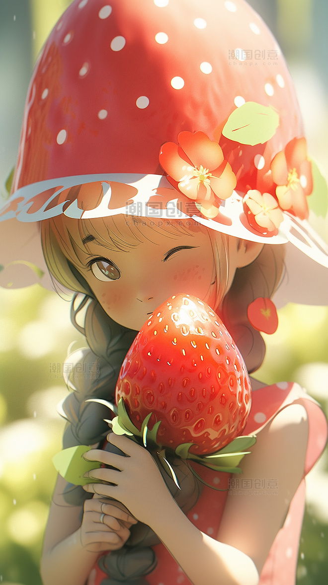 3d夏天粉色草莓女孩皮克斯潮流夏日立夏大暑小暑小孩凉爽清爽手里拿着一个草莓粘土材料
