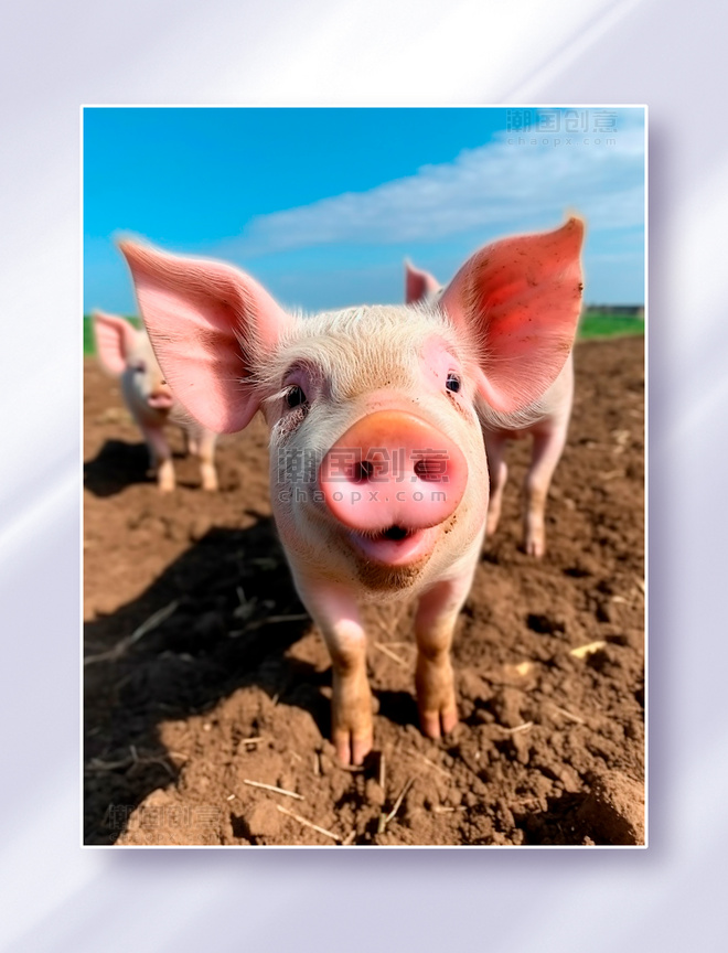蓝天下的农场土地上站着几头小猪近景特写家禽摄影