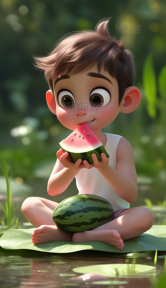 荷塘风格小男孩吃西瓜夏天夏季
