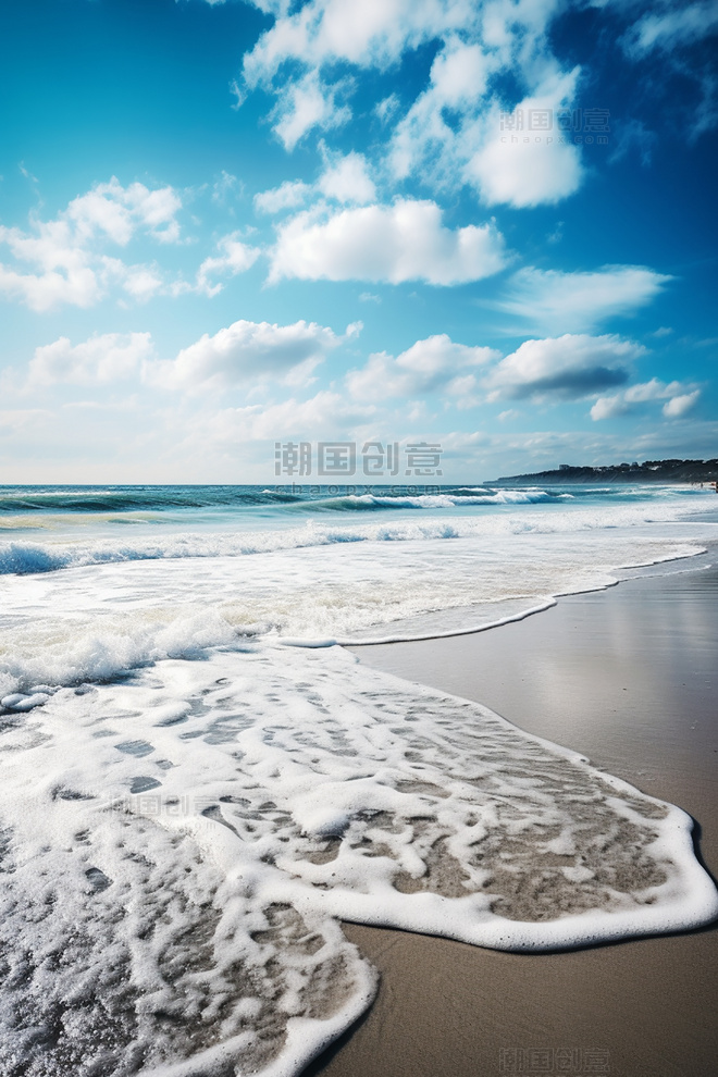 夏天海边海水沙滩蓝天白云摄影