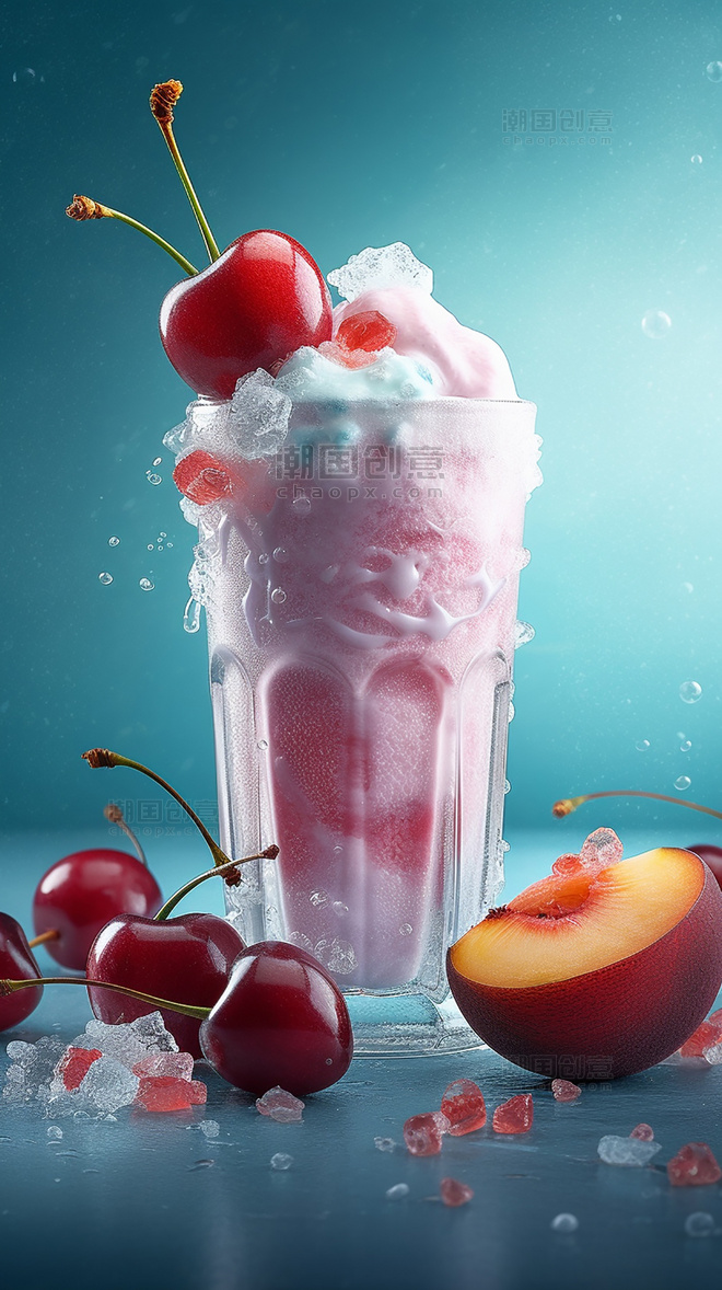夏日一杯冰淇淋和雪盖奶昔饮料周围有水果和冰块桃子和樱桃草莓和葡萄水果糖产品摄影