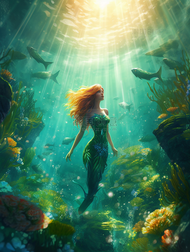 迷人阳光照射在海洋上风格安徒生童话美人鱼插图