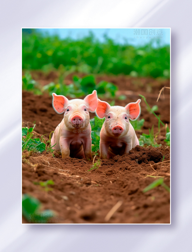 农场土地里两只可爱的小猪坐着家禽摄影畜牧业