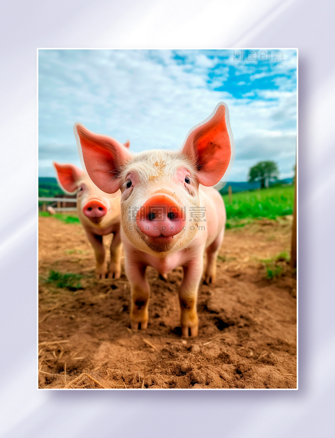 两头小猪在农场里蓝天白云草地土壤摄影家禽