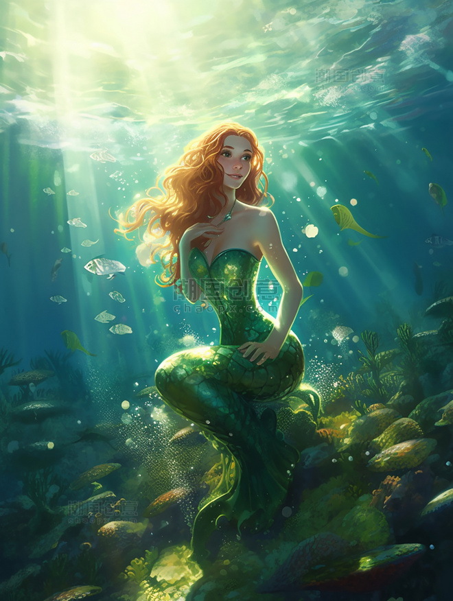 漂亮的美人鱼插图风格安徒生童话迷人阳光照射在海洋上