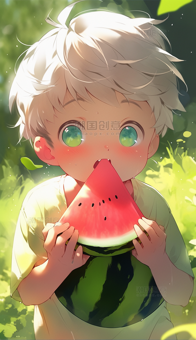 夏日卡通可爱小男孩吃西瓜夏天夏季