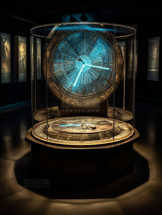 博物馆大厅未来主义科技感玻璃赛博朋克风格一个中国古代日晷的全息图像在玻璃展示架上展示