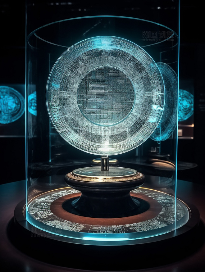 博物馆大厅中国古代日晷的全息图像在玻璃展示架上展示未来主义科技感玻璃赛博朋克风格