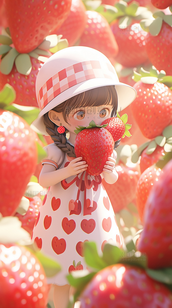 粉色草莓女孩皮克斯潮流夏天夏日立夏凉爽清爽小孩手里拿着一个草莓大暑小暑