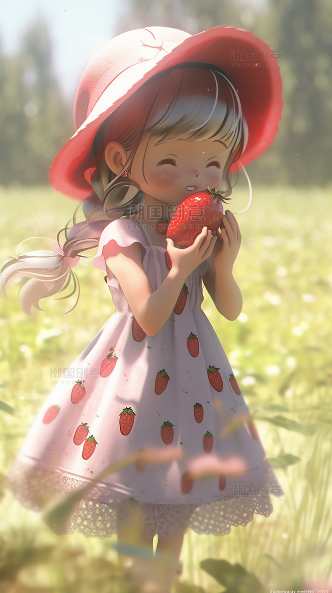 粉色草莓女孩皮克斯潮流立夏凉爽清爽小孩手里拿着一个草莓大暑小暑夏天夏日
