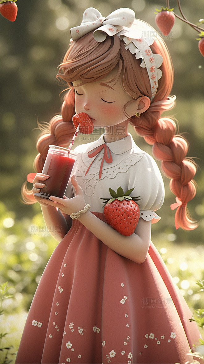 凉爽清爽皮克斯潮流夏天夏日大暑小暑立夏粉色草莓女孩小孩手里拿着一个草莓