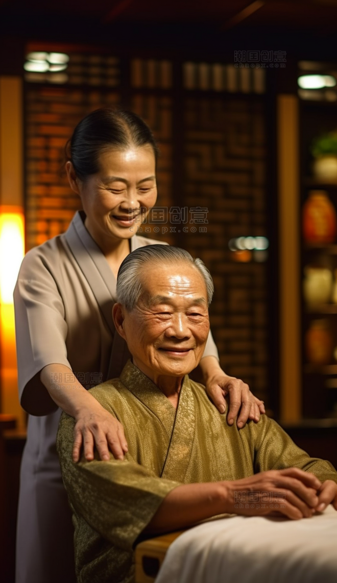 中式肩膀按摩中国老人微笑养老院