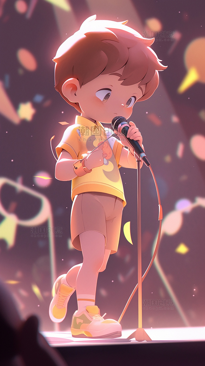 夏季一个可爱的小男孩夏天凉爽清爽在音乐会上唱歌3d皮克斯潮流popmart盲盒c4d