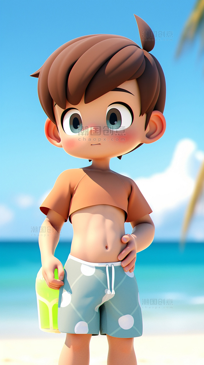 夏季沙滩度假一个可爱的小男孩夏天凉爽清爽在沙滩上3d皮克斯潮流popmart盲盒c4d