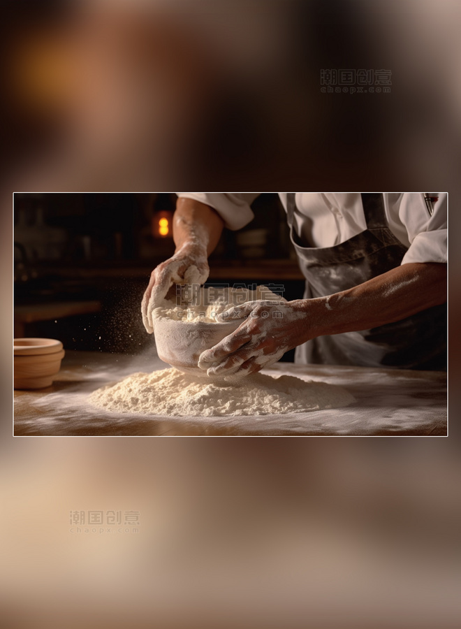 面粉面包摄影图超级清晰面食蛋糕师在揉面
