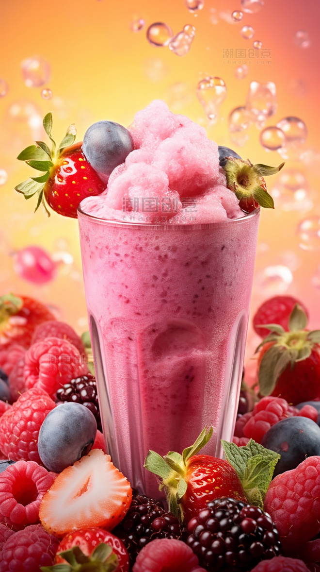 产品摄影一杯冰淇淋和雪盖奶昔饮料水果冰块桃子樱桃草莓葡萄