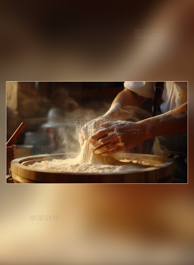 面食蛋糕师在揉面面粉面包摄影图