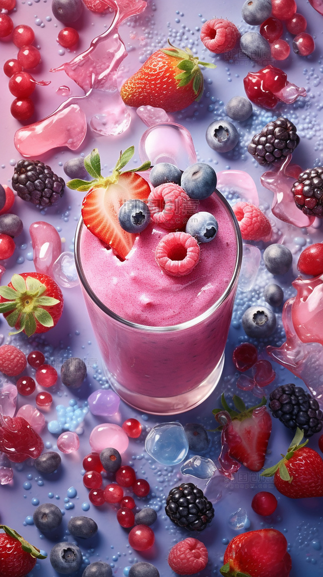 水果糖梦幻般的产品摄影一杯冰淇淋和雪盖奶昔饮料水果冰块桃子樱桃草莓葡萄