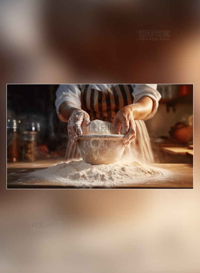 摄影图面食蛋糕师在揉面面粉面包