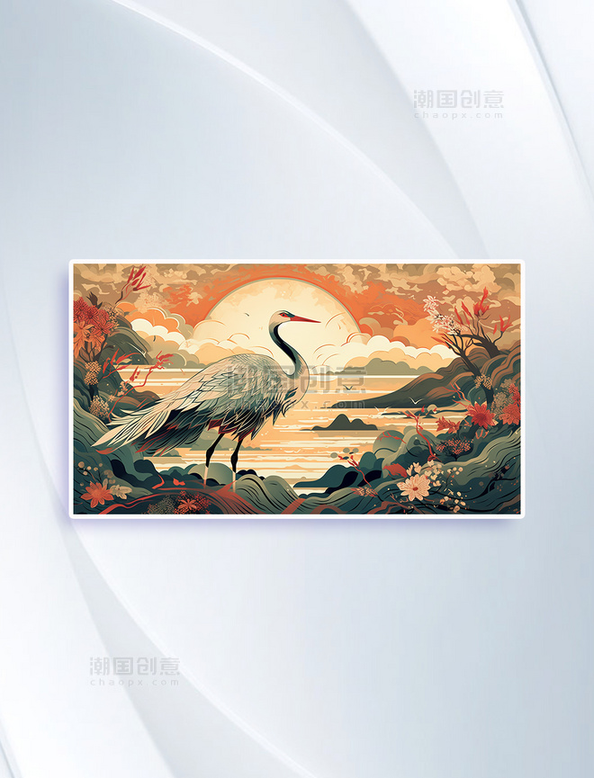 中国画图腾场景异兽白鹤插画