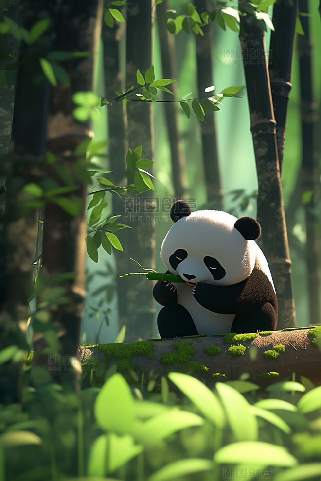 可爱大熊猫动物国宝吃竹子插画