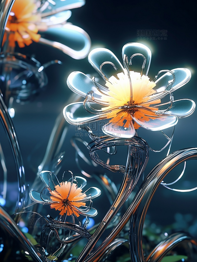 未来超现实主义花朵植物插画