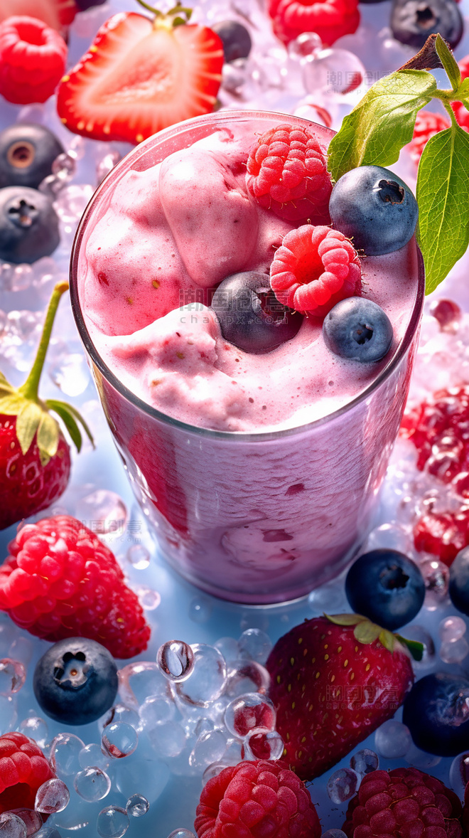 冰淇淋雪盖奶昔饮料水果冰块桃子樱桃草莓葡萄梦幻般的产品摄影